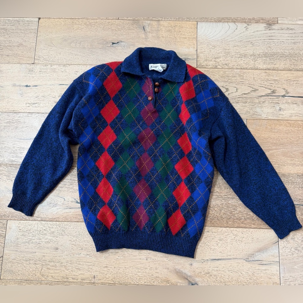Vintage Argyle Crewneck Sweater in Navy, Red & Green
